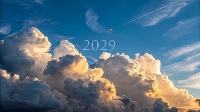 Airplane flight creates 2029 text in blue sky with large fluffy golden sunset clouds view.