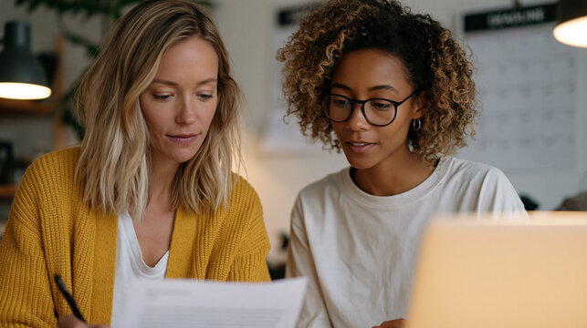 Grant writing team in a nonprofit office, two staff members reviewing a program officer's feedback letter together, one taking margin notes while the other searches for supporting
