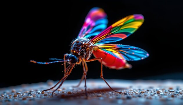 The image features a close up of a vividly colorful insect, likely a dragonfly nymph or similar species, with iridescent wings displaying a spectrum of bright hues including pink, yellow, green, blue