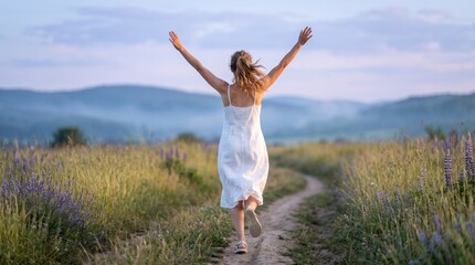 Fototapeta premium Woman runs joyfully through a serene field of lavender with arms outstretched towards distant mountains.