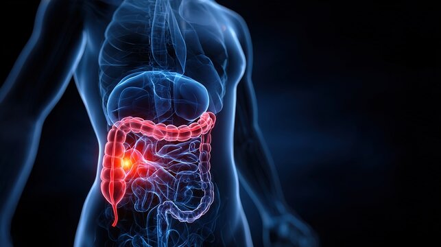 Detailed 3D medical illustration of inflamed human appendix with acute appendicitis, anatomical cross-section view showing swollen organ, inflammatory tissue and abdominal intestinal structure 
