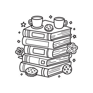 Cozy Stack Of Books With Coffee Cups And Flowers Coloring Page Vector.