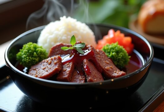 Bento Box Centerpiece Beef Teriyaki Arrangement on Glossy Tray with Fluffy White Rice and Deep Garnet Glaze