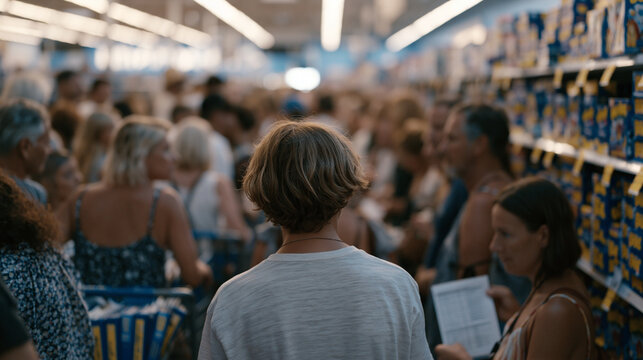 Overcrowded school supply aisle in August with frazzled parents pushing carts piled with binders and ruler packs, a child holding a checklist comparing it to shelf labels,