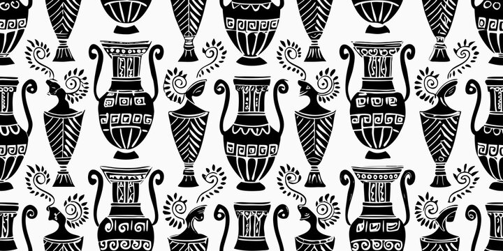 ancient greek pottery pattern seamless black and white illustration
