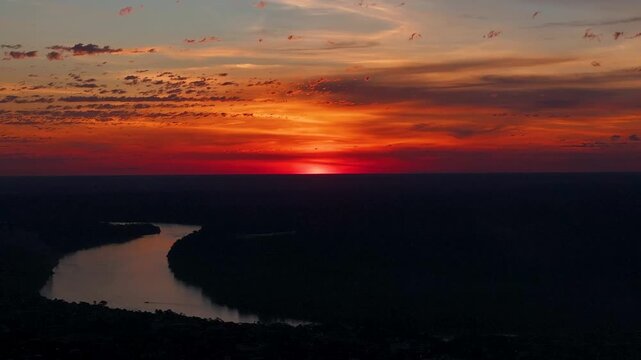 Aerial sunset over the Puerto Maldonado, Peru