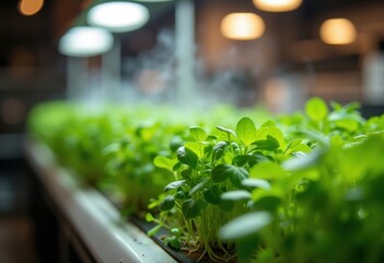 Fototapeta premium Hydroponic Herb Garden Illuminated by Grow Lights in Upscale Restaurant Environment