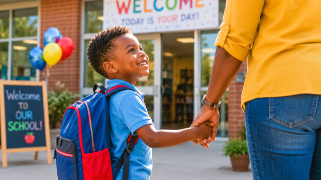 Happy child looks up at a parent while arriving at school for a new academic year filled with learning opportunities.