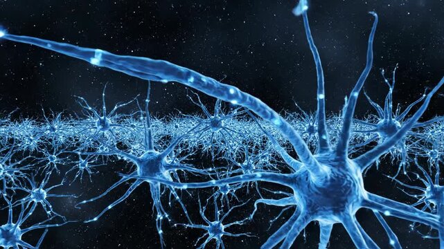 Blue glowing neurons on dark background with connecting dendrites