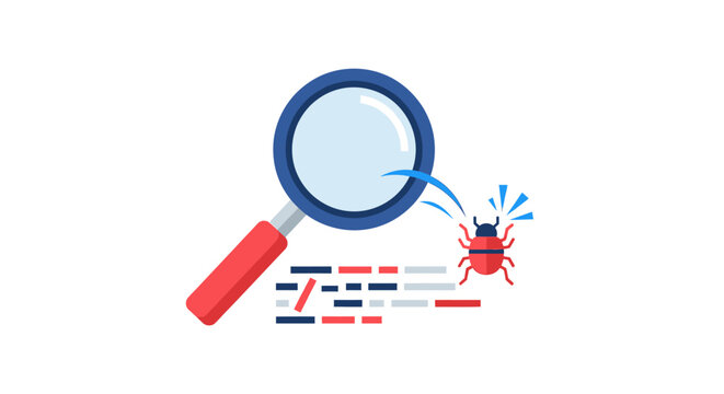 Software Debugging and Quality Assurance Concept: Magnifying Glass Inspecting Program Code for Bugs and Errors - Flat Vector Illustration