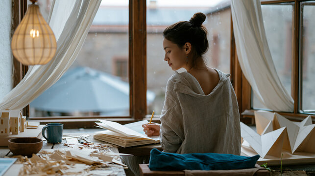 Architectural model maker pausing her work at an open studio window in April to watch rain hit a courtyard below, the studio scattered with balsa wood scraps and scale model