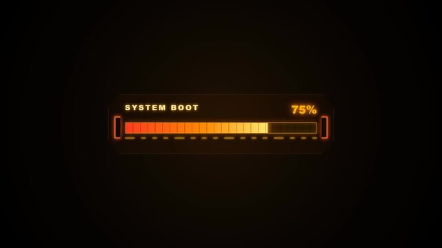 Futuristic orange HUD system boot loading bar with percentage counter on a dark background, concept of technology and digital progress