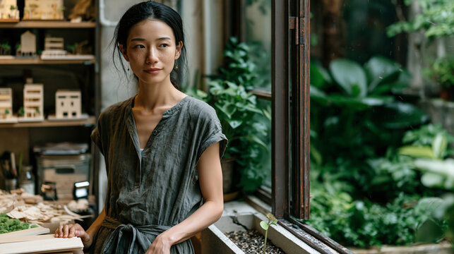 Architectural model maker pausing her work at an open studio window in April to watch rain hit a courtyard below, the studio scattered with balsa wood scraps and scale model