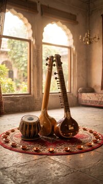 Artistic still life of indian instruments on a colorful rug in cozy heritage home