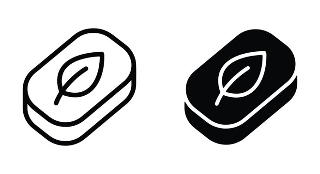 Set of ecofriendly soap icons, isometric vector illustration of natural organic bar soap with leaf symbol