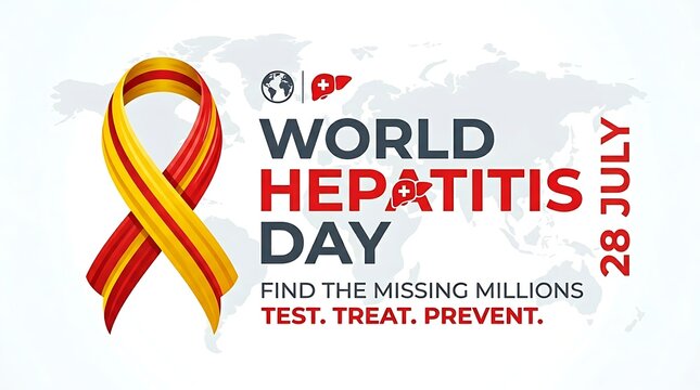 World hepatitis day awareness poster with red and yellow ribbon, liver icon, and global map background, 28 july