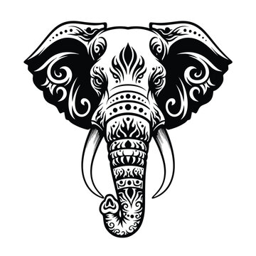 Intricate Tribal Elephant Head Illustration in Black and White.
