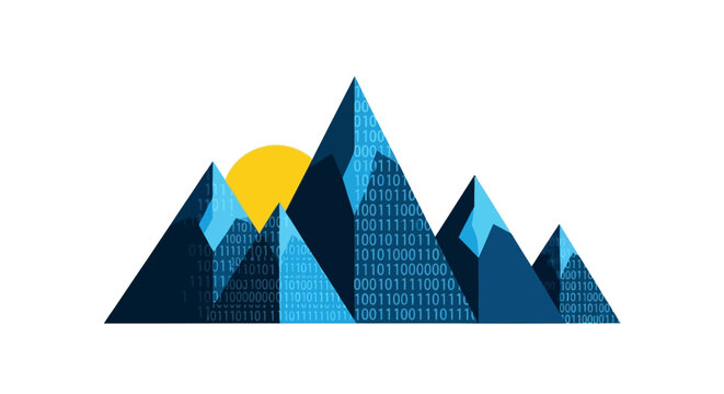 Abstract Digital Landscape of Mountains with Binary Code and Sun, Representing Big Data and Technology Growth