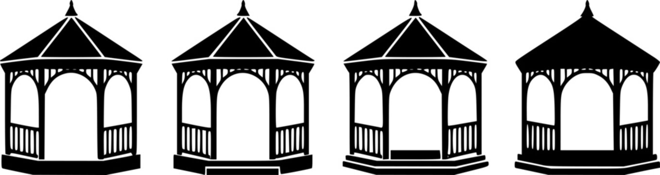Collection of traditional wooden gazebo silhouettes, vector architectural backyard pavilions and garden bower structures isolated on a clean white background.