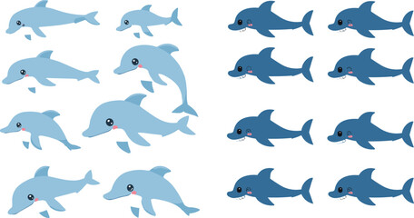 Fototapeta premium Cute Dolphin and Shark Cartoon Character Set Collection with Different Poses Marine Animal Vector Illustration Bundle
