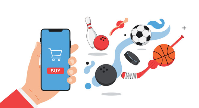 Hand holding a mobile phone with a buy button for online shopping of sports equipment and various accessories in a modern digital store.