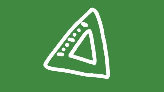 Triangular ruler set square hand-drawn cartoon graphic with chalk outline drafting metric tool icon isolated on green screen background for geometry education and measuring tool line art element.