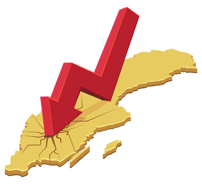 Vector artwork symbolizing economic decline, financial recession, market crash, or demographic drop hitting the map of Sweden with a destructive downward red arrow, (cut out)