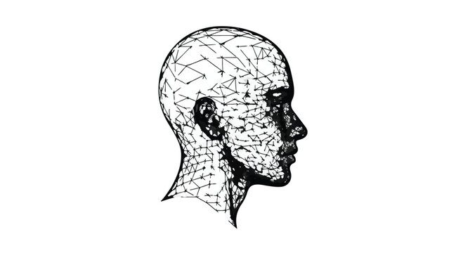 Human head profile formed by a complex network of interconnected lines symbolizes artificial intelligence and the structure of cognitive computing.