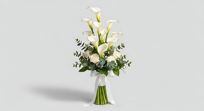 Beautiful bouquet of white calla lilies and greenery with ribbon