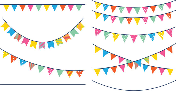 Colorful Party Bunting Flags Collection with Festive Pennant Garlands Celebration Decorations and Event Banner Vector Set