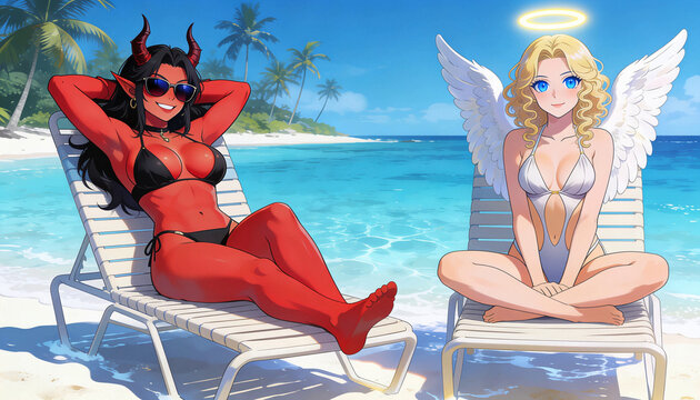 coppia di donne amiche prendono il sole sdraiate in una spiaggia di sabbia bianca e mare cristallino, A pair of women friends sunbathe lying on a white sandy beach with crystal-clear sea