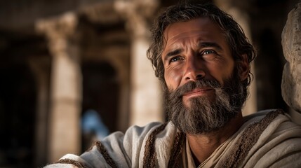 Fototapeta premium Isaiah stands in the Temple bathed in divine light, receiving God’s revelation with humble awe, portraying a life devoted to truth, holiness, and faithful obedience. 