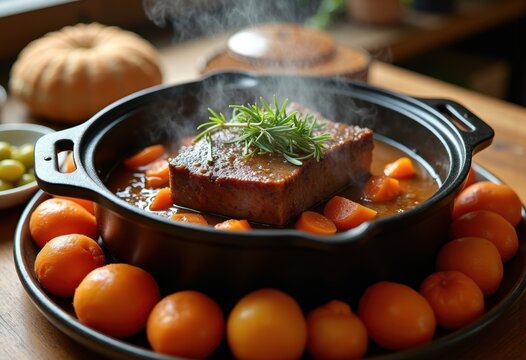 Succulent Dutch Oven Pot Roast with Carrots and Potatoes in Rich Gravy Served Hot