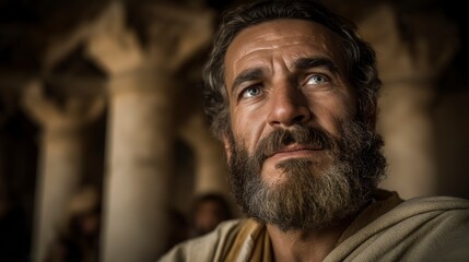 Obraz premium Isaiah stands in the Temple bathed in divine light, receiving God’s revelation with humble awe, portraying a life devoted to truth, holiness, and faithful obedience. 