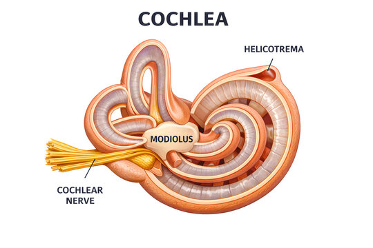 3D cochlea anatomy illustration isolated on white background with labeled auditory structures for medical education, hearing science, and clinical reference.

