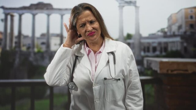 Middle age hispanic woman doctor in white coat with stethoscope cupping ear for earache at building; discomfort.