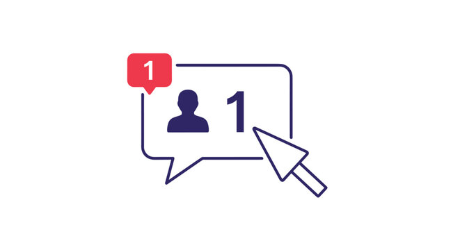 Social media notification icon showing one new follower or friend request with a mouse cursor clicking on the speech bubble element.