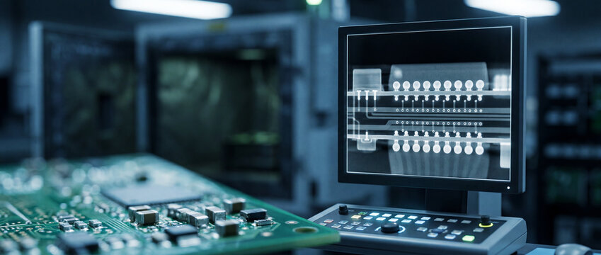 Combined illustration showing electronics inspection station with circuit board and an X-ray style monitor used for PCB testing, quality control and microchip diagnostics in a manufacturing lab.