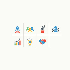 Fototapeta premium Modern Business and Startup Icons Set with Leadership, Strategy, Growth, and Teamwork Symbols