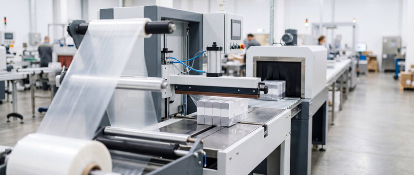 Automated packaging line with shrink wrap machine packing boxes in modern production facility
