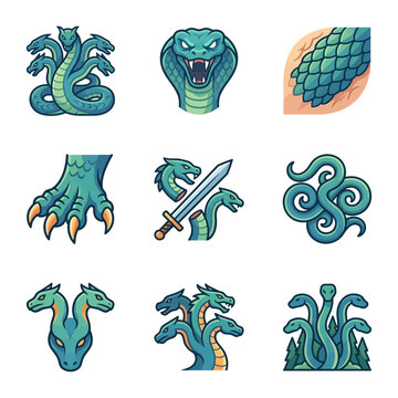 Lernaean Hydra and Mythological Serpent Monster Flat Vector Icon Set