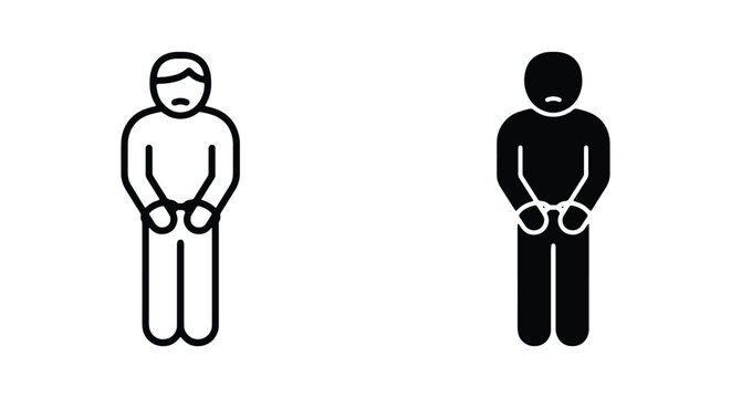 Set of icons representing a prisoner or arrested person in handcuffs, linear and solid style