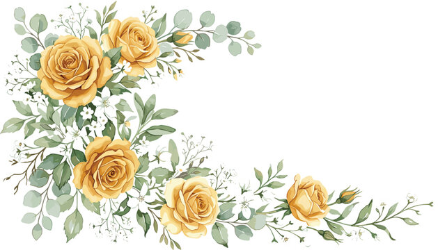 Elegant watercolor yellow rose corner floral arrangement bouquet with eucalyptus leaves vector graphic design element
