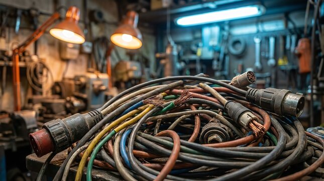Coiled electrical cables in industrial workshop setting