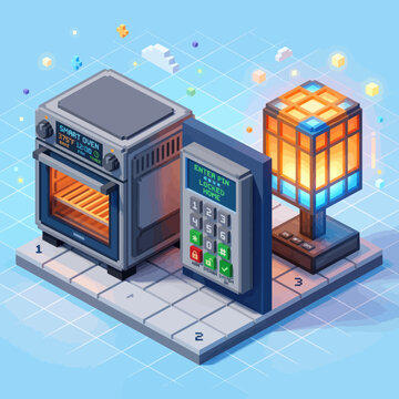 Digital smart oven and home security pin pad in isometric pixel art style