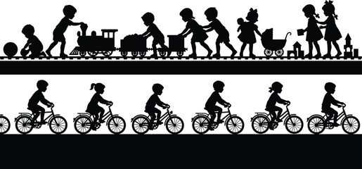 Fototapeta premium Children Playing with Toy Train and Riding Bicycles Silhouette Set for Childhood Recreation Concepts
