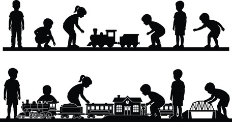 Children Playing with Toy Train Silhouette Set Featuring Railway Tracks Station and Educational Activities © Mst
