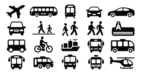 Transportation icon set, public transit car plane boat bicycle symbols, travel and mobility vector illustration collection design. © Ayat 03