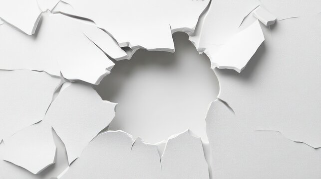 A close-up of a white surface with a large hole in the center. The surface is cracked and broken, suggesting that it has been damaged. The hole is a perfect circle and is surrounded by jagged edges.
