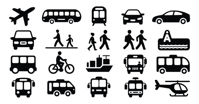 Transportation icon set, public transit car plane boat bicycle symbols, travel and mobility vector illustration collection design.